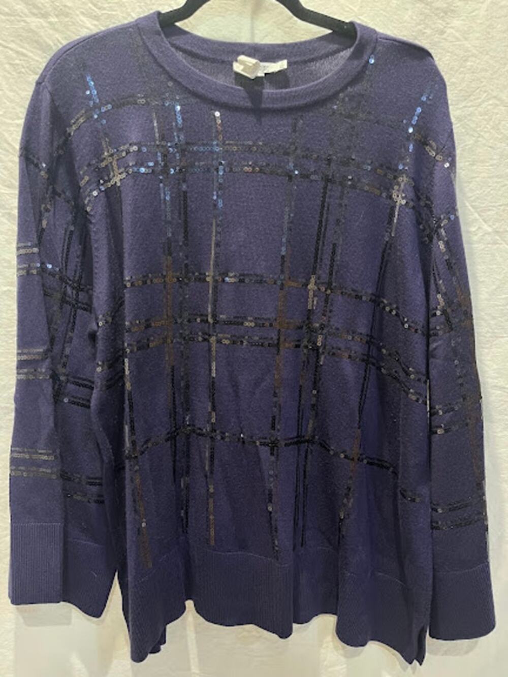 Chico's Sweater Sequin Plaid Long Sleeve Purple Pullover Crew Neck Womens XXL